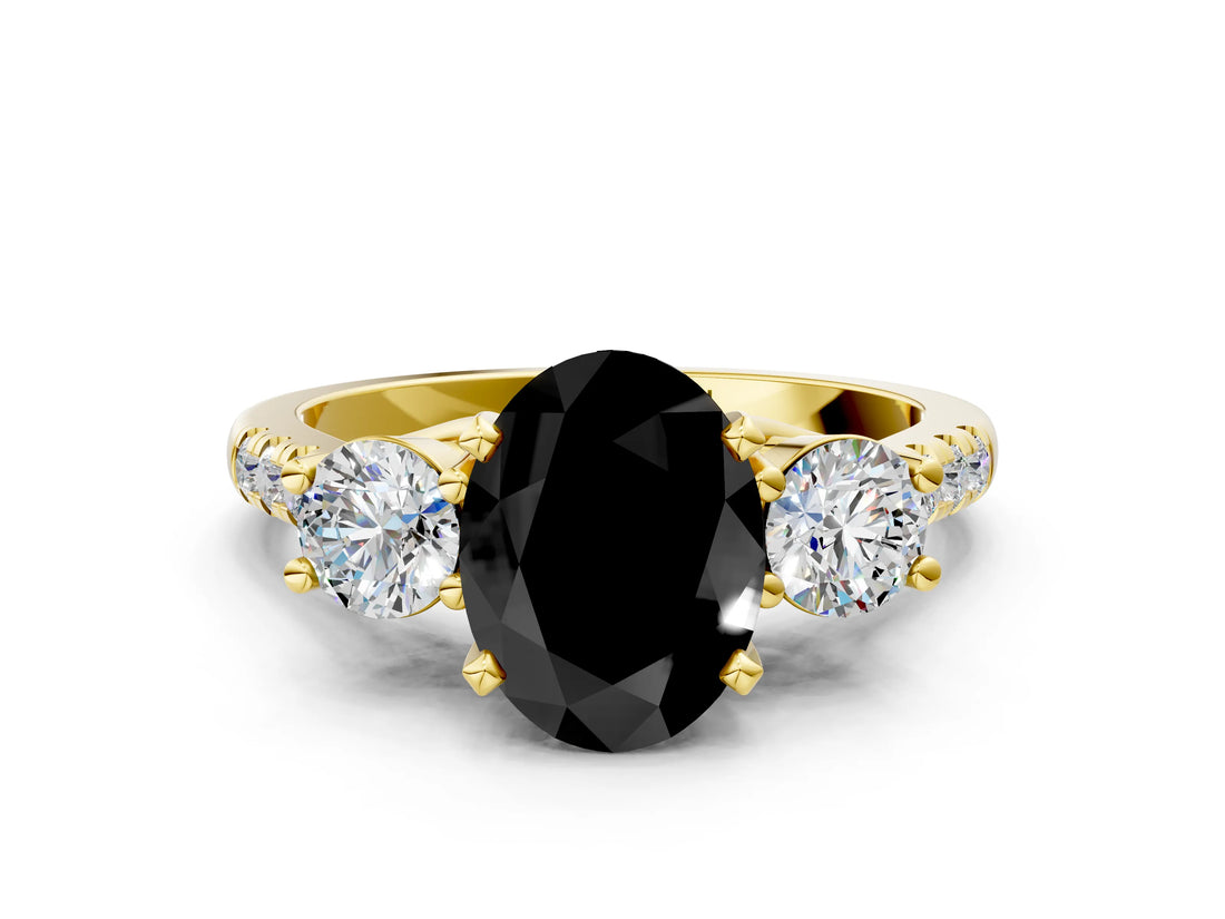 Yellow gold Three-Stone Fancy Black Oval Cut Diamond Pavé Band with Four-Prong Setting