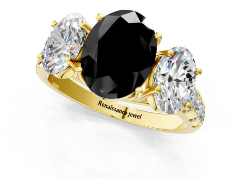 Yellow gold Three-Stone Fancy Black Oval Cut Diamond Pavé Band with Prong Setting_1