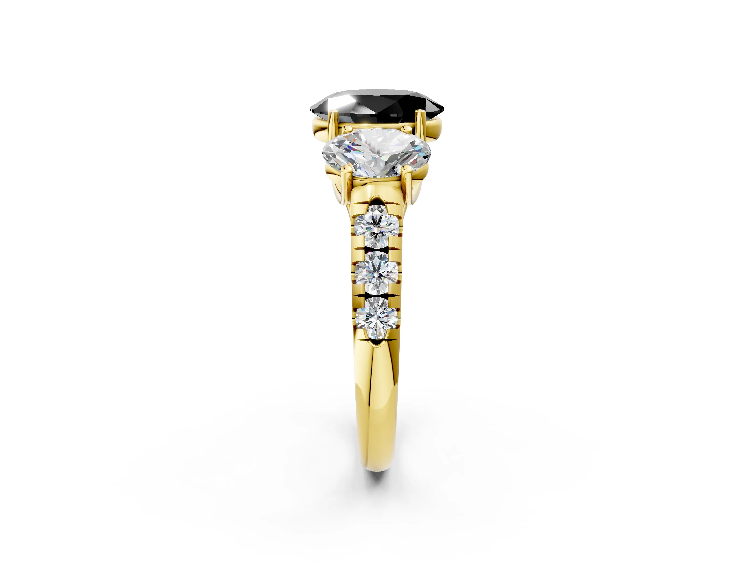 Yellow gold Three-Stone Fancy Black Oval Cut Diamond Pavé Band with Prong Setting_2