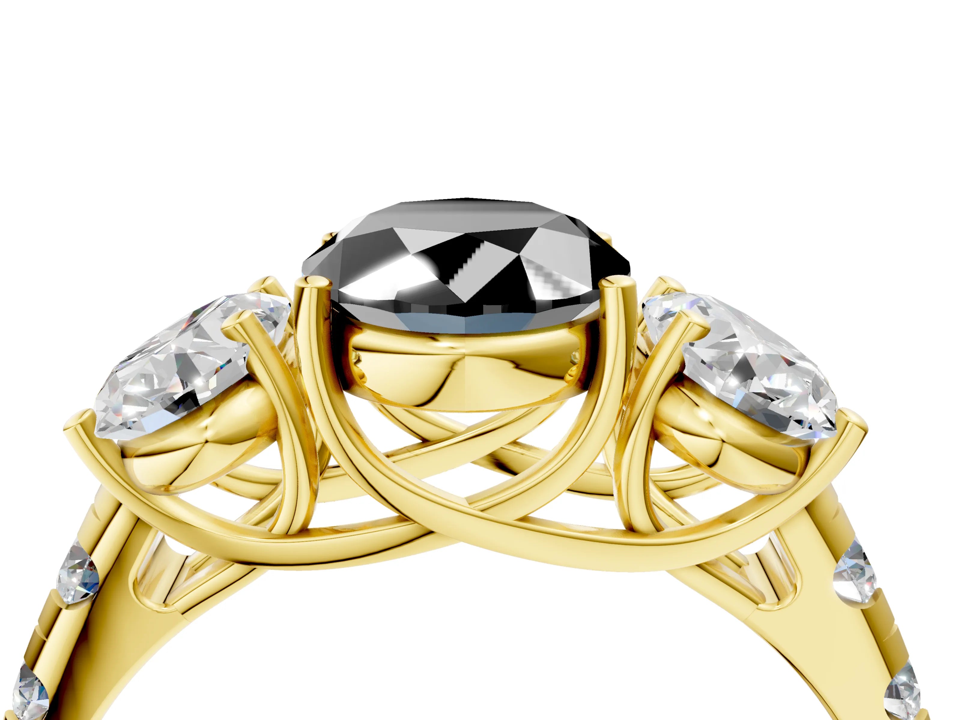 Yellow gold Three-Stone Fancy Black Oval Cut Diamond Pavé Band with Prong Setting_4