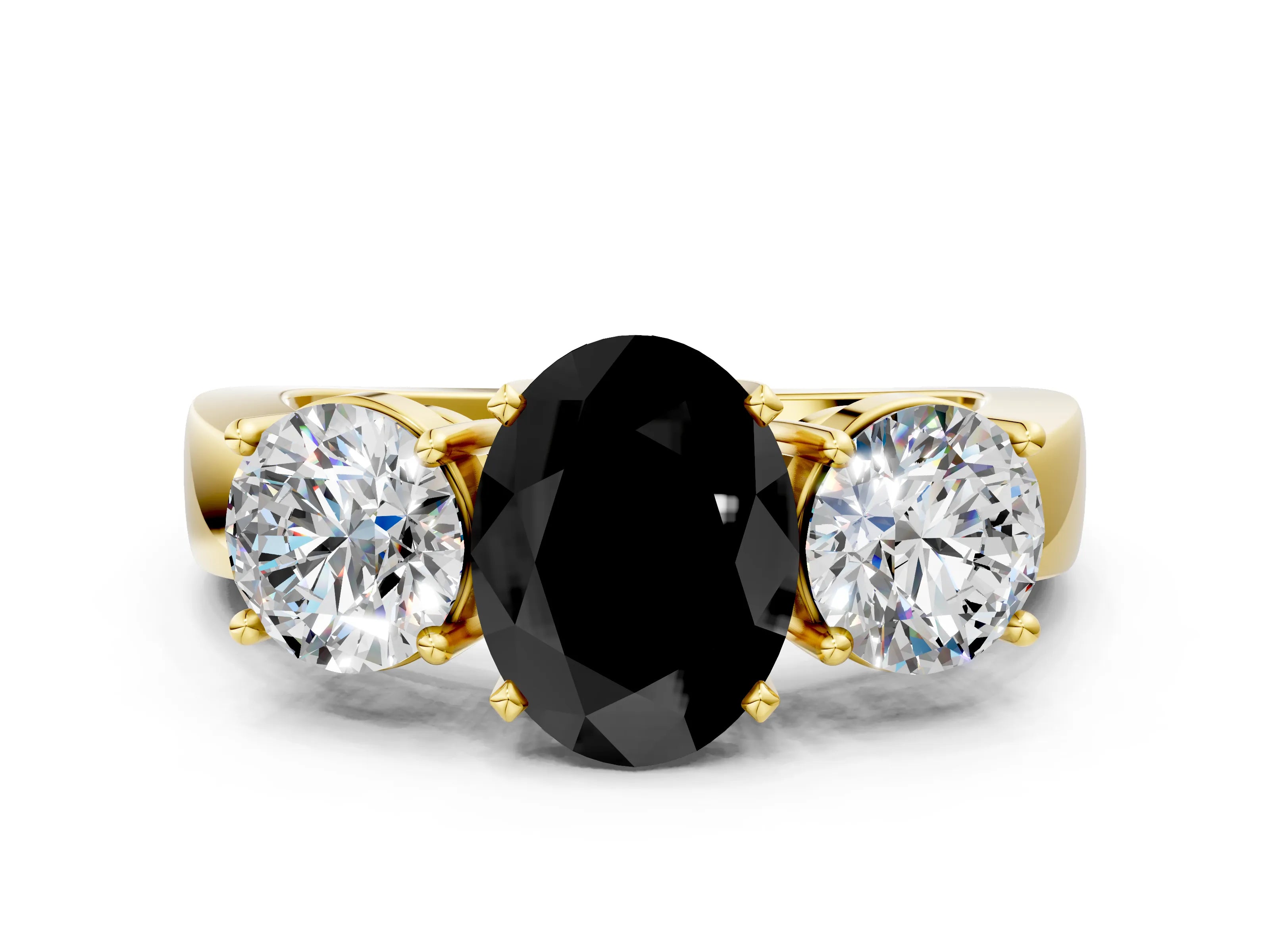 Yellow gold Three-Stone Fancy Black Oval Cut Diamond Ring with Round Side Stones, Classic Band, and Four-Prong Setting