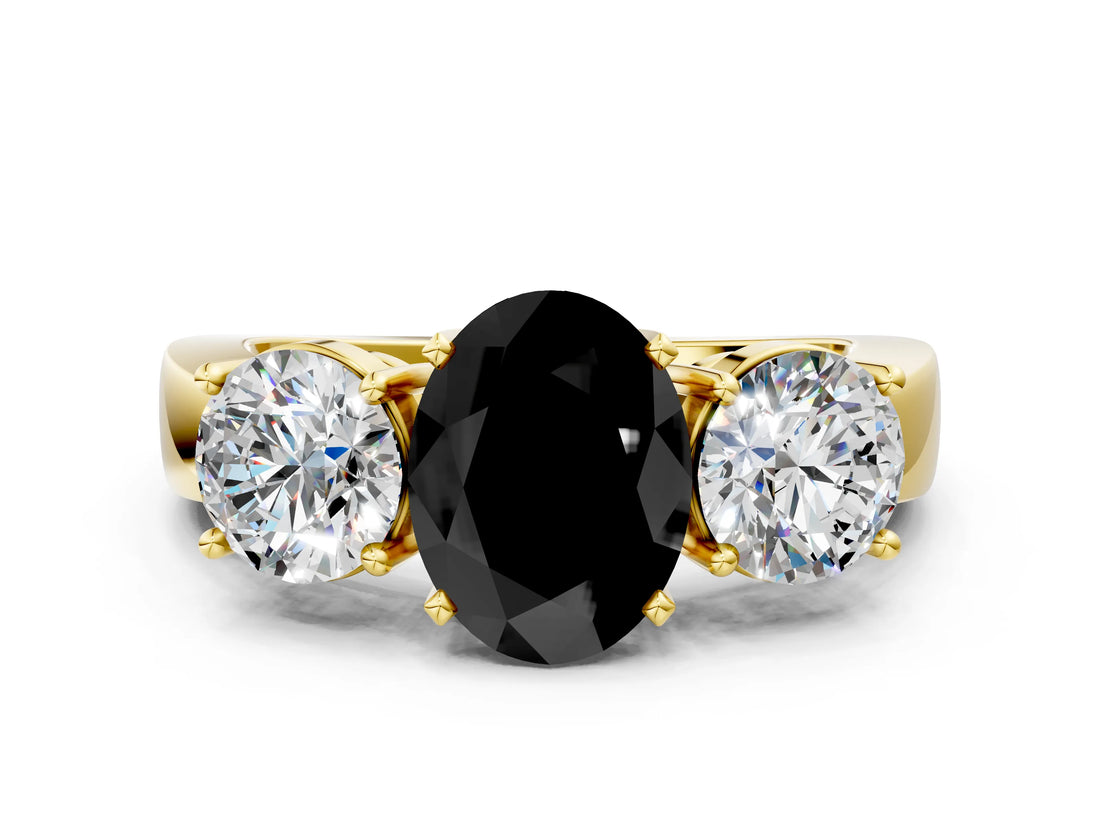 Yellow gold Three-Stone Fancy Black Oval Cut Diamond Ring with Round Side Stones, Classic Band, and Four-Prong Setting