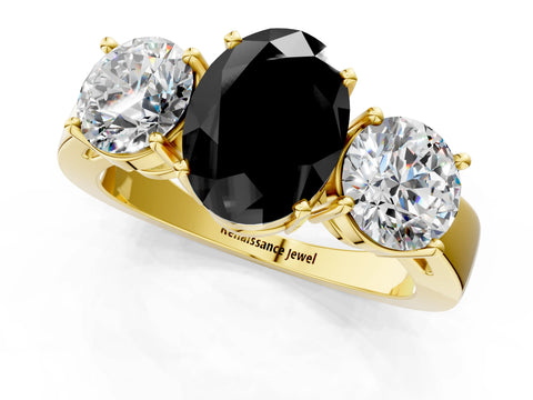 Yellow gold Three-Stone Fancy Black Oval Cut Diamond Ring with Round Side Stones, Classic Band, and Four-Prong Setting_1