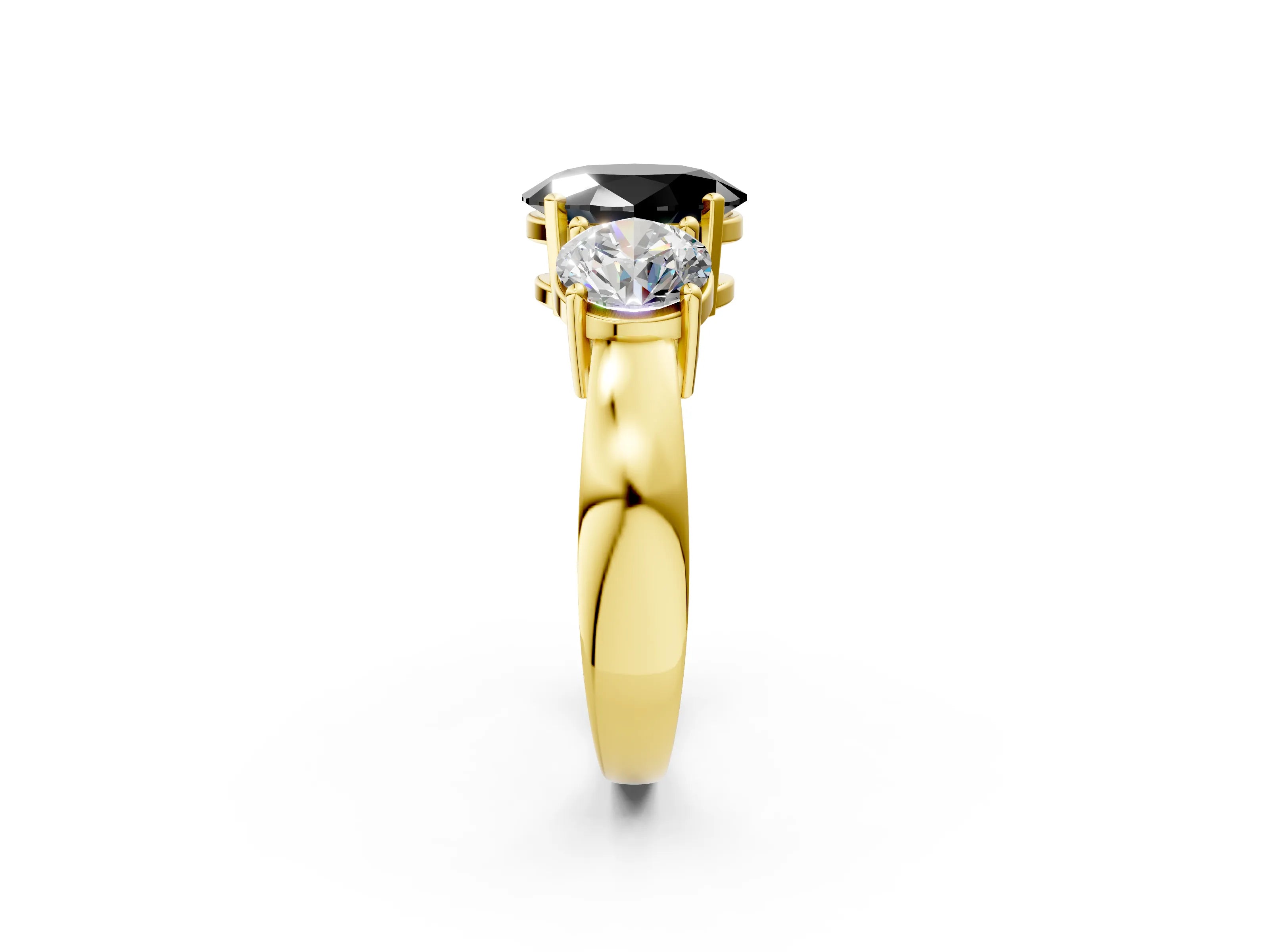 Yellow gold Three-Stone Fancy Black Oval Cut Diamond Ring with Round Side Stones, Classic Band, and Four-Prong Setting_2