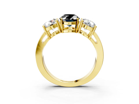 Yellow gold Three-Stone Fancy Black Oval Cut Diamond Ring with Round Side Stones, Classic Band, and Four-Prong Setting_3