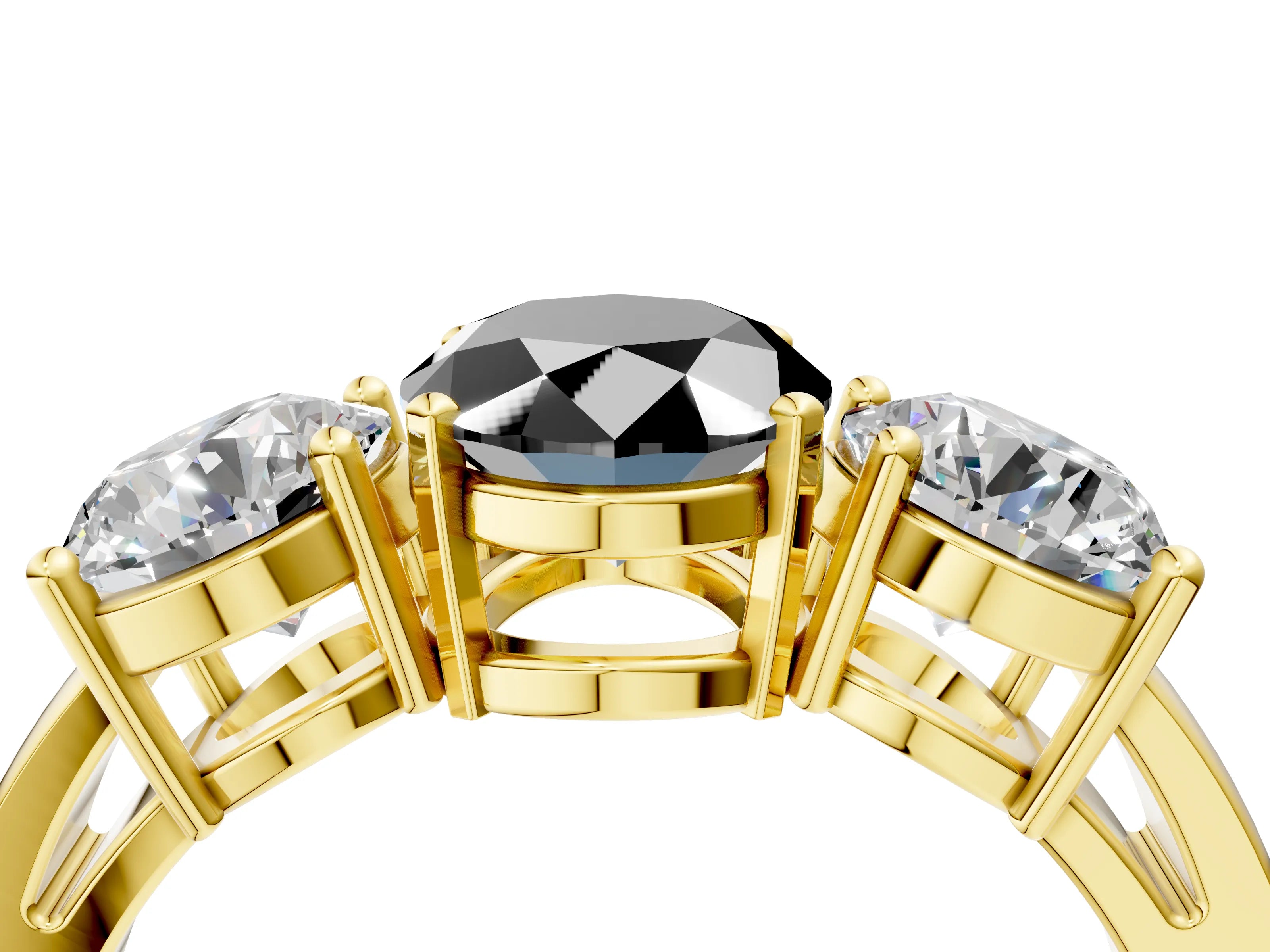 Yellow gold Three-Stone Fancy Black Oval Cut Diamond Ring with Round Side Stones, Classic Band, and Four-Prong Setting_4