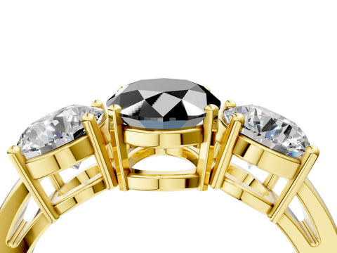 Yellow gold Three-Stone Fancy Black Oval Cut Diamond Ring with Round Side Stones, Classic Band, and Four-Prong Setting_4