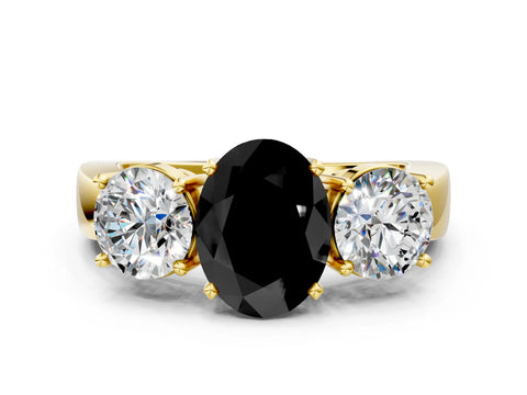Yellow gold Three-Stone Fancy Black Oval Cut Diamond Ring with Round Side Stones, Classic Band, and Four-Prong Setting