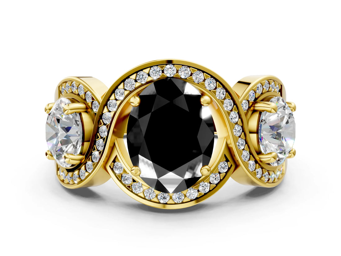 Yellow gold Three-Stone Fancy Black Oval Cut Diamond Wave Pave Band with Prong Setting