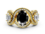 Yellow gold Three-Stone Fancy Black Oval Cut Diamond Wave Pave Band with Prong Setting