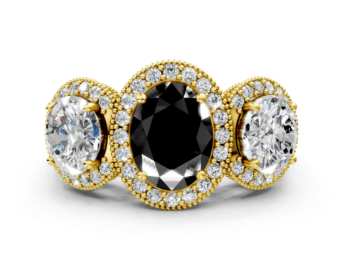 Yellow gold Three-Stone Fancy Black Oval Cut Halo Diamond Milgrain Band with Four-Prong Setting
