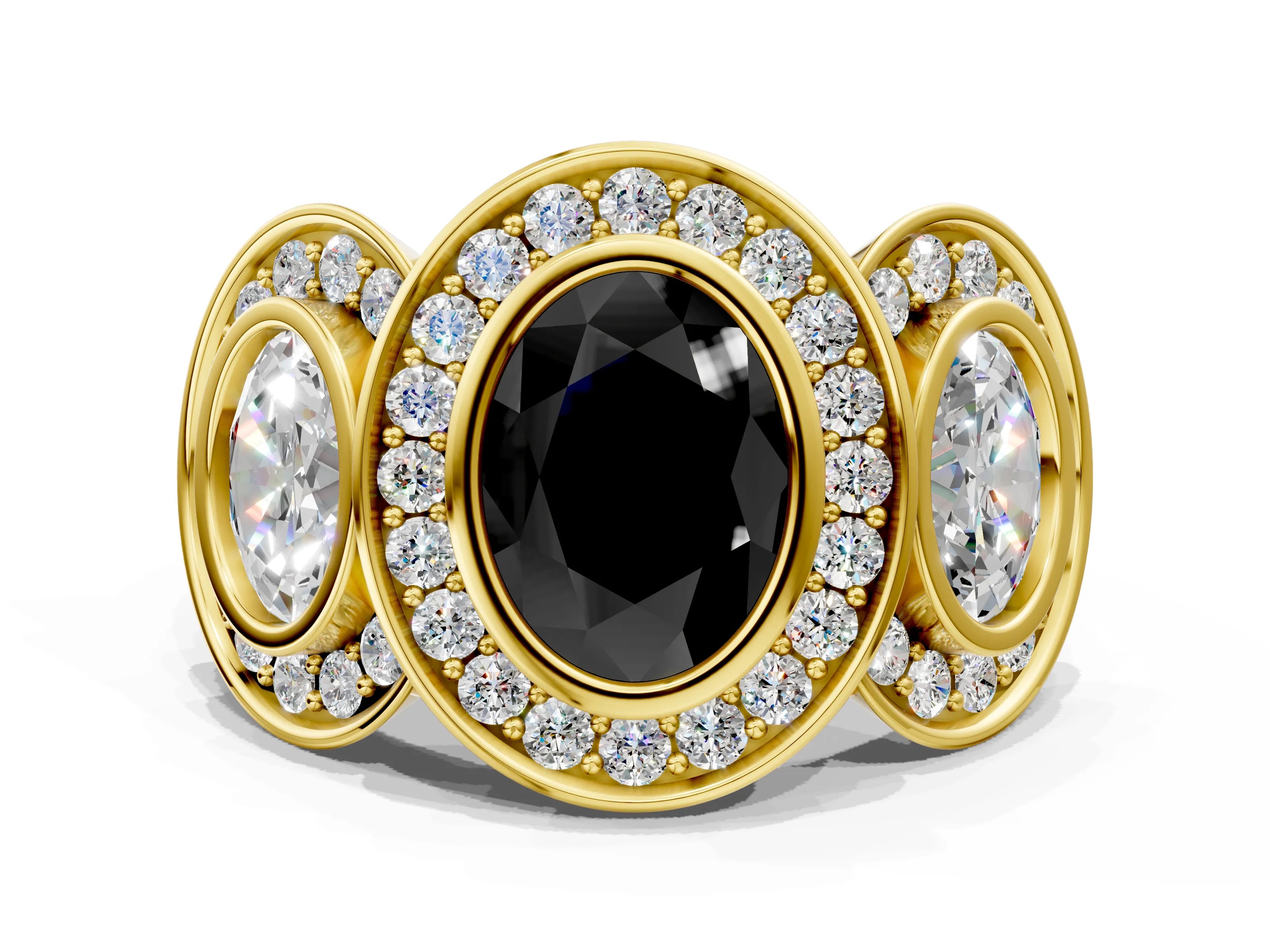 Yellow gold Three-Stone Fancy Black Oval Cut Halo Pavé Diamond Ring