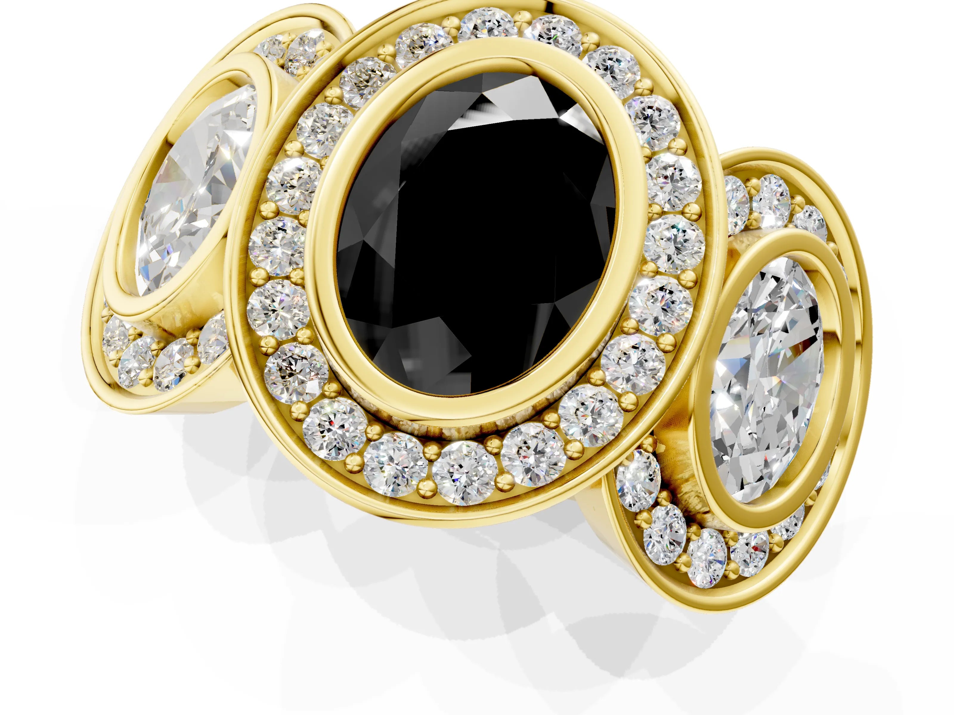Yellow gold Three-Stone Fancy Black Oval Cut Halo Pavé Diamond Ring_1