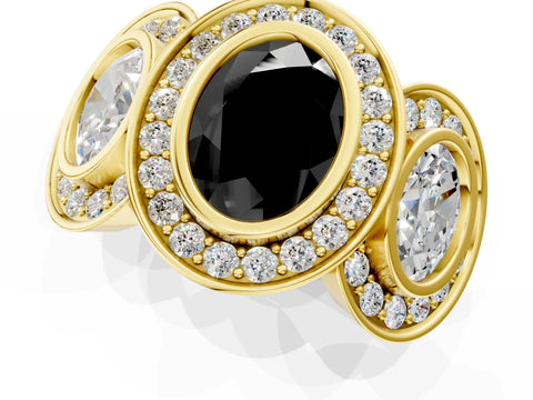 Yellow gold Three-Stone Fancy Black Oval Cut Halo Pavé Diamond Ring_1