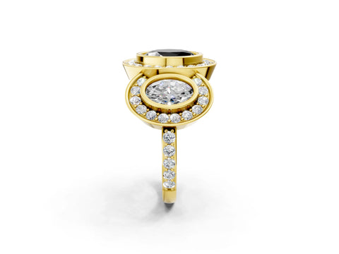 Yellow gold Three-Stone Fancy Black Oval Cut Halo Pavé Diamond Ring_2