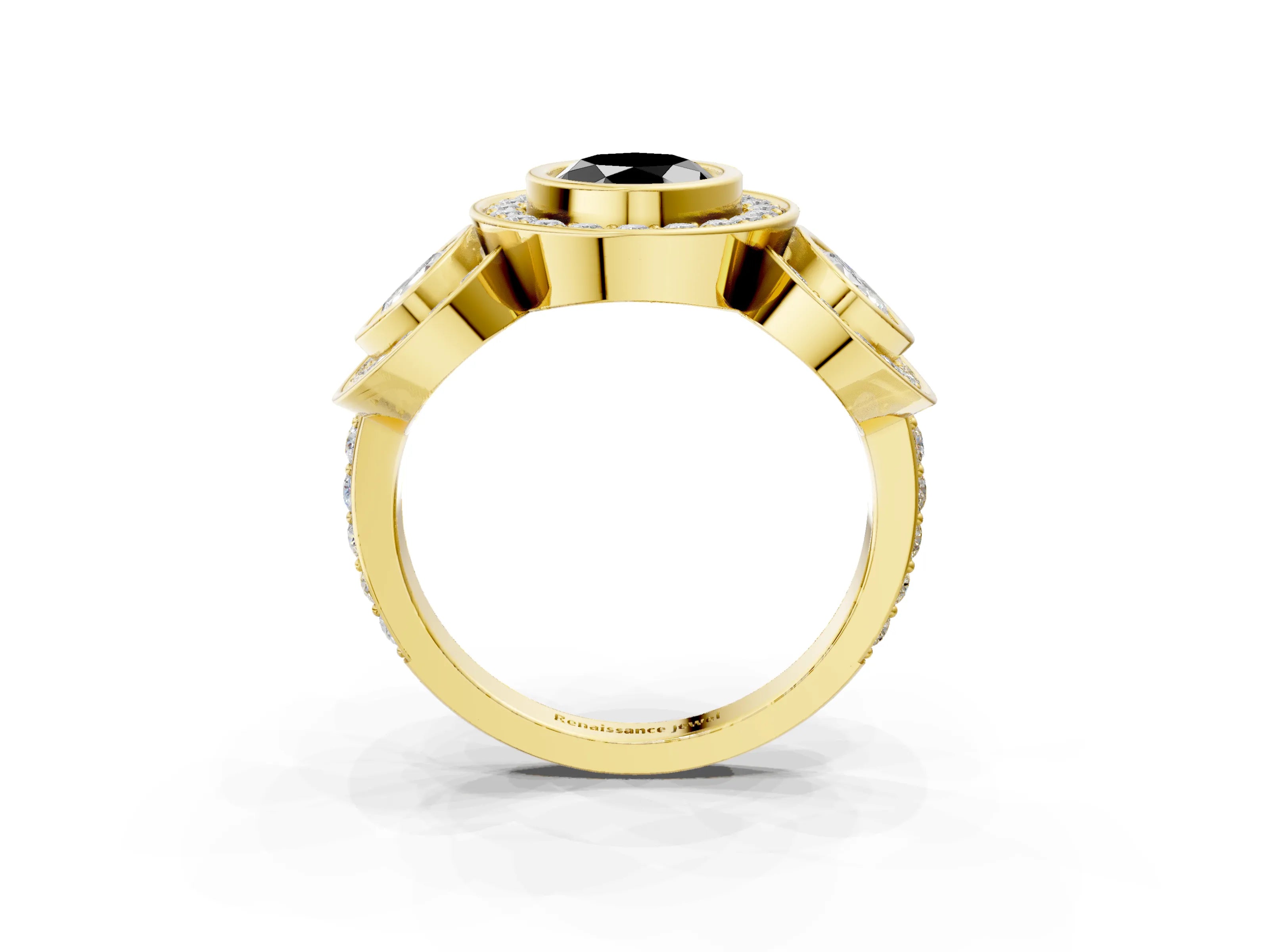 Yellow gold Three-Stone Fancy Black Oval Cut Halo Pavé Diamond Ring_3