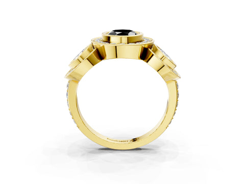 Yellow gold Three-Stone Fancy Black Oval Cut Halo Pavé Diamond Ring_3