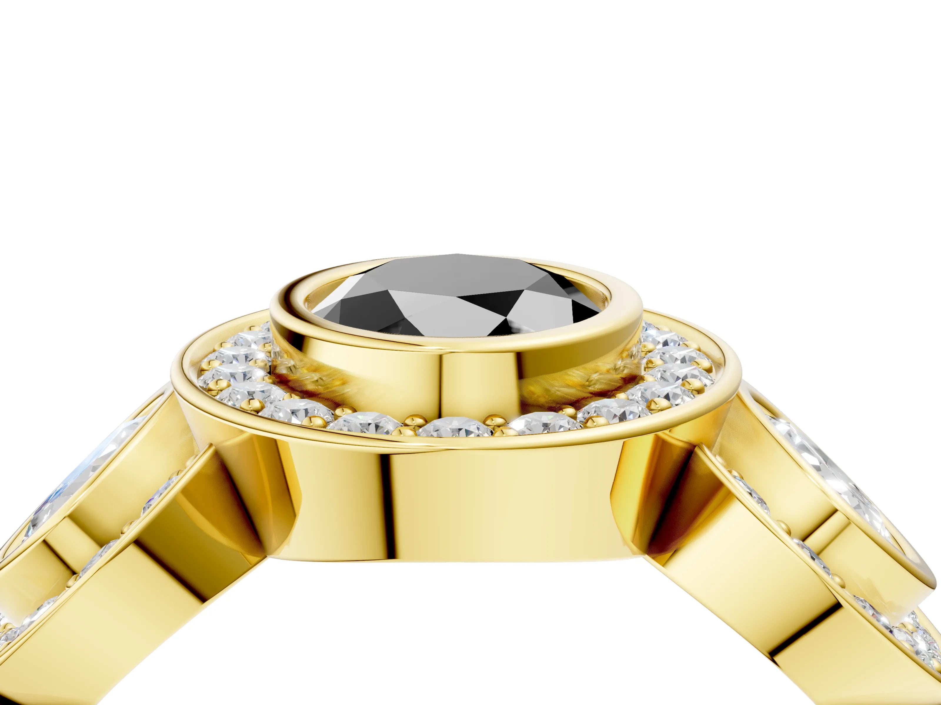 Yellow gold Three-Stone Fancy Black Oval Cut Halo Pavé Diamond Ring_4