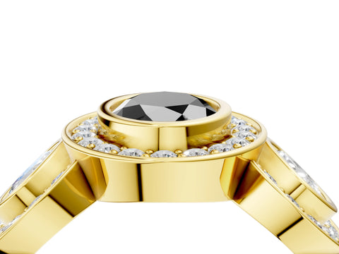 Yellow gold Three-Stone Fancy Black Oval Cut Halo Pavé Diamond Ring_4