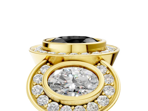 Yellow gold Three-Stone Fancy Black Oval Cut Halo Pavé Diamond Ring_5