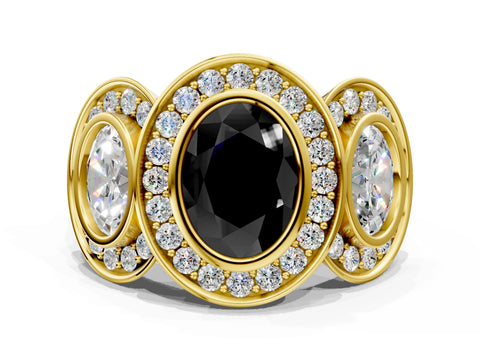 Yellow gold Three-Stone Fancy Black Oval Cut Halo Pavé Diamond Ring
