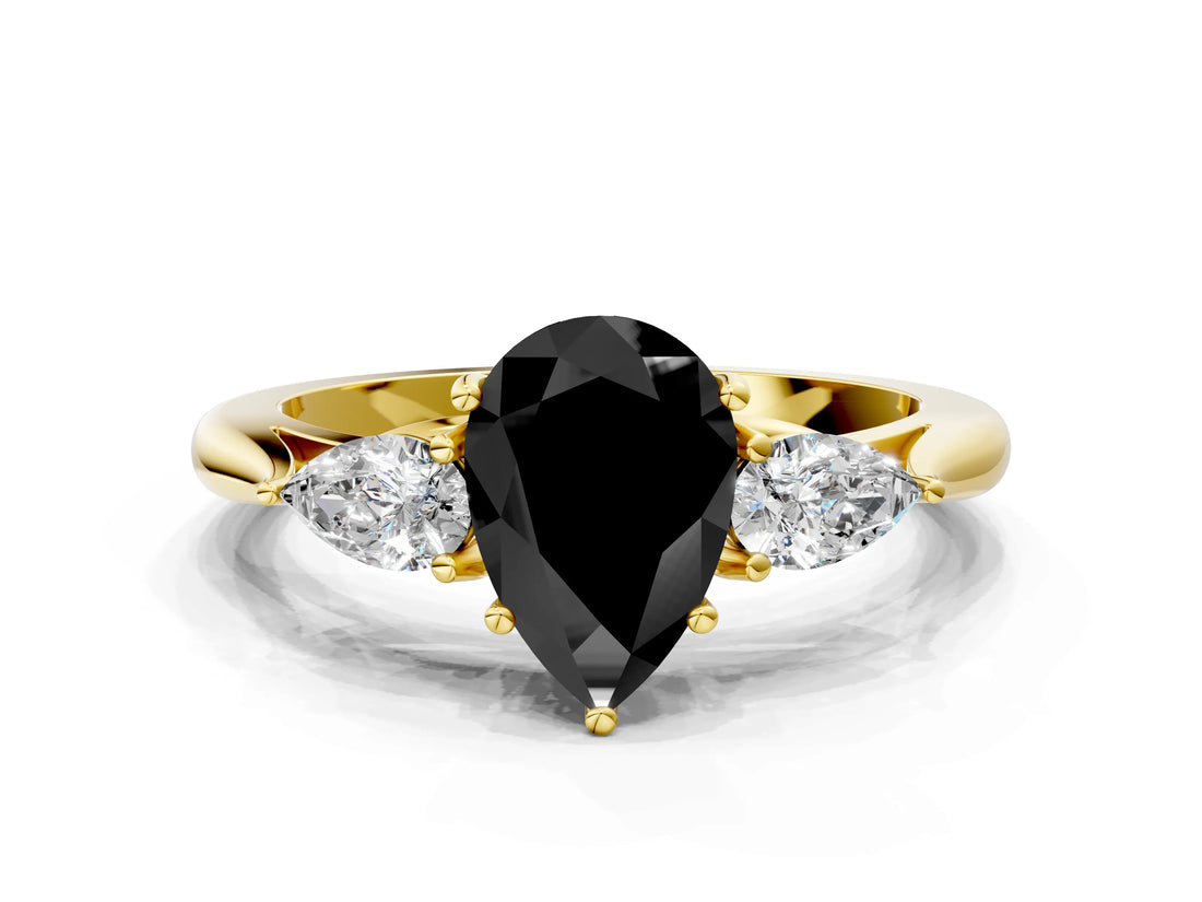 Yellow gold Three-Stone Fancy Black Pear Cut Brilliant Diamond Solitaire Ring with Tapered Band and Four-Prong Setting_6