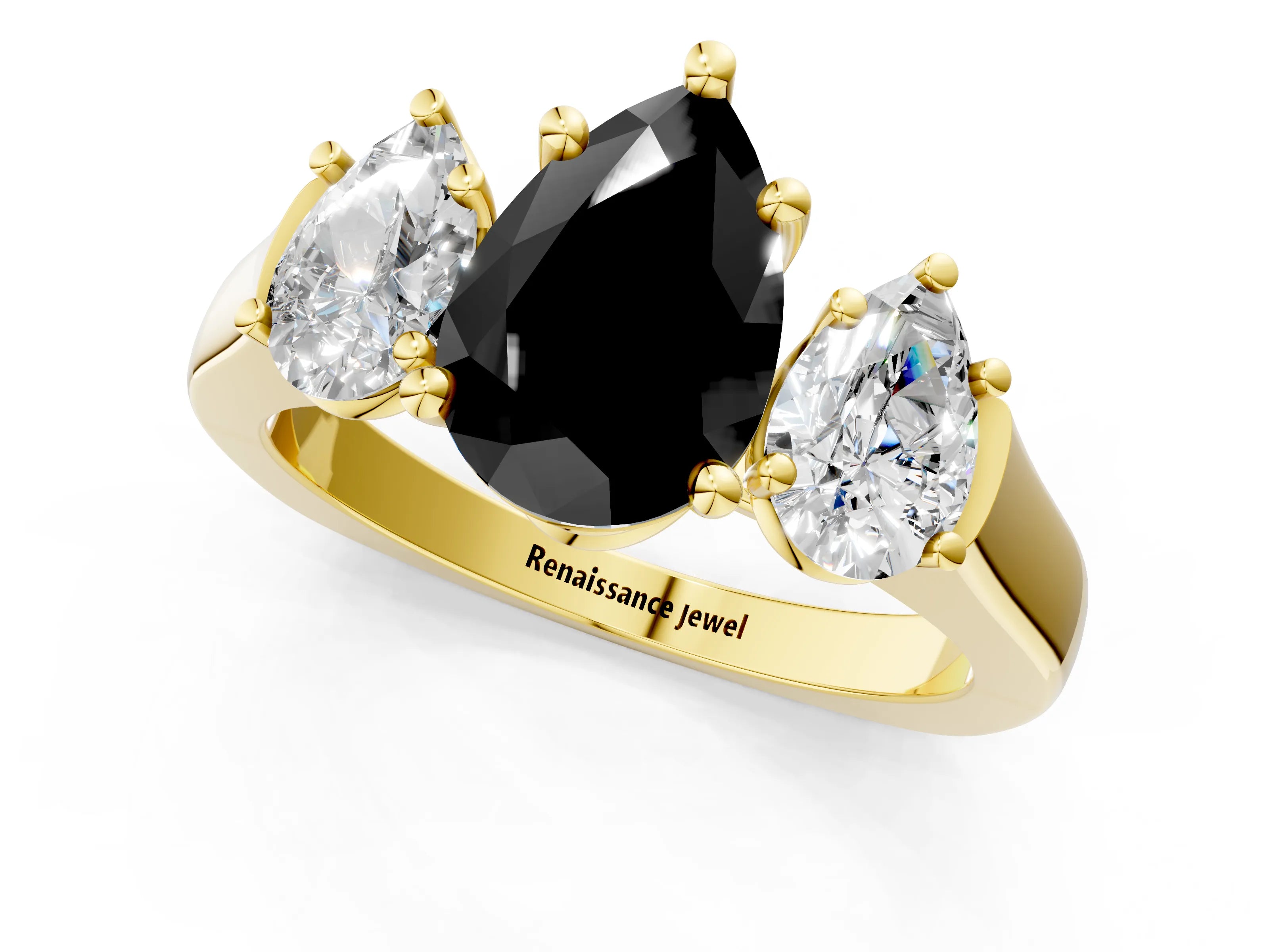 Yellow gold Three-Stone Fancy Black Pear Cut Brilliant Diamond Trellis Ring with Comfort Fit Band_1