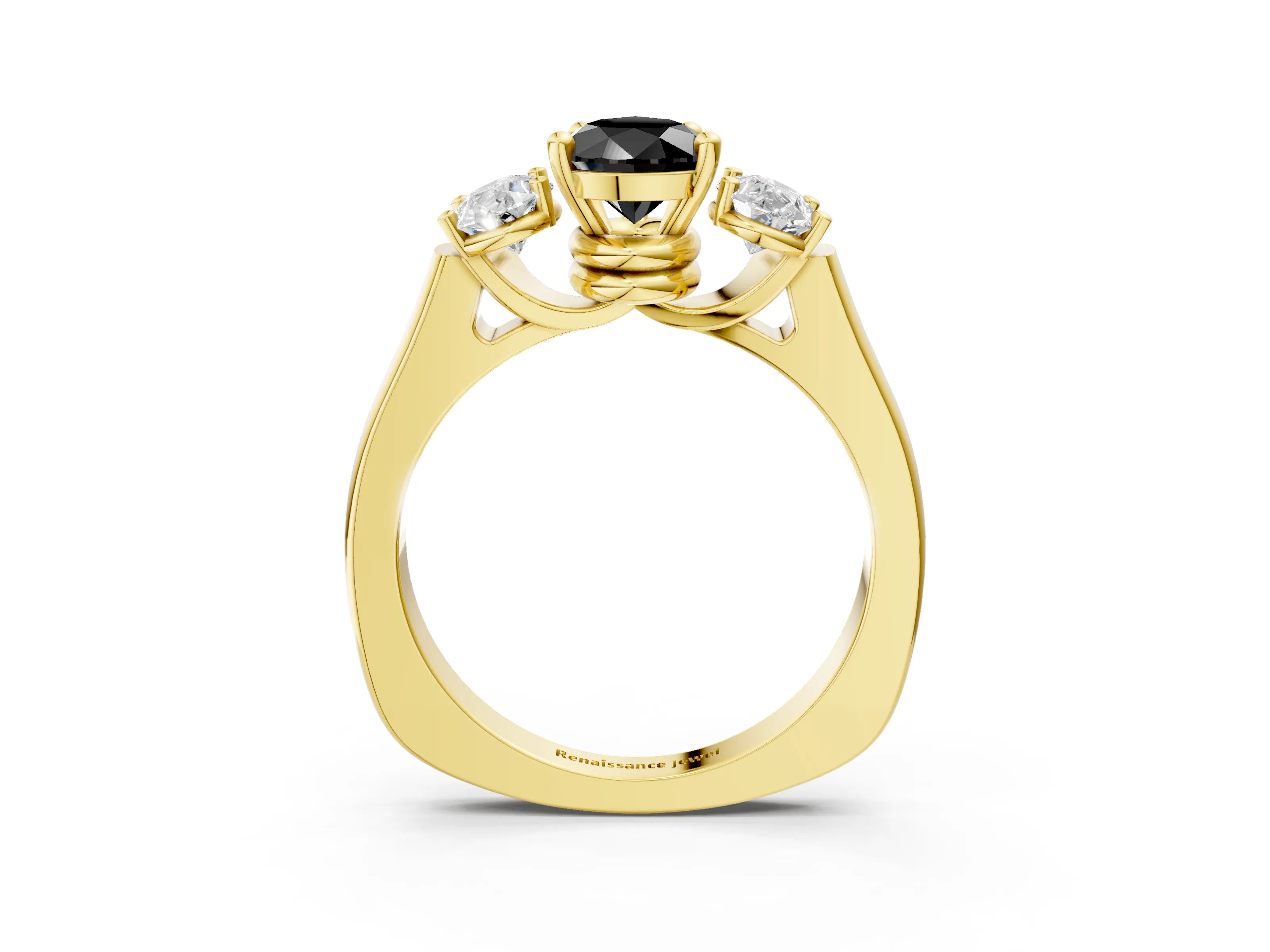Yellow gold Three-Stone Fancy Black Pear Cut Brilliant Diamond Trellis Ring with Comfort Fit Band_3