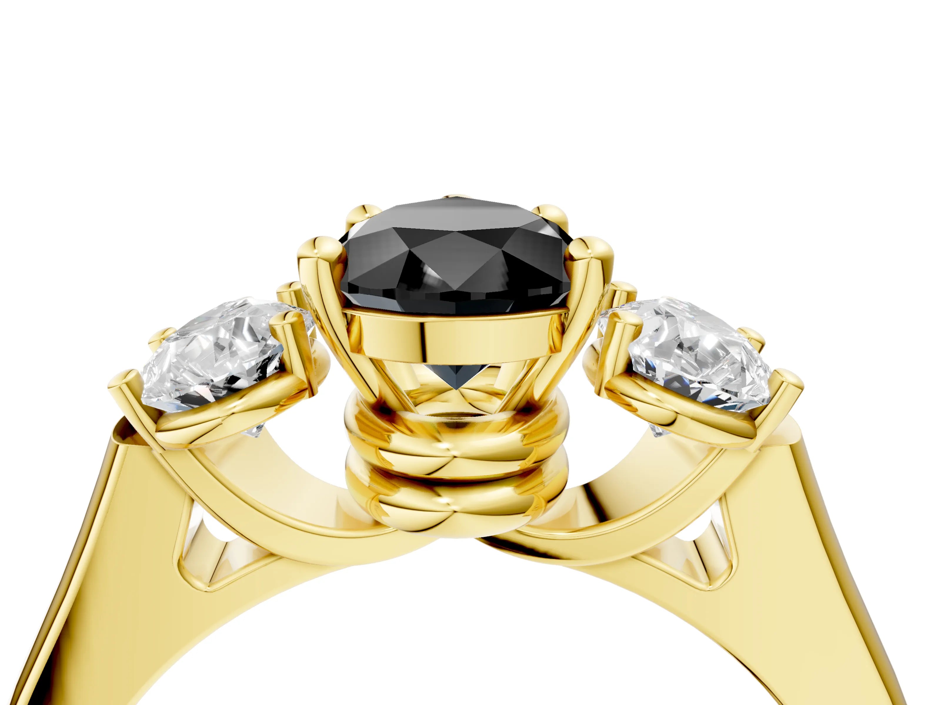 Yellow gold Three-Stone Fancy Black Pear Cut Brilliant Diamond Trellis Ring with Comfort Fit Band_4