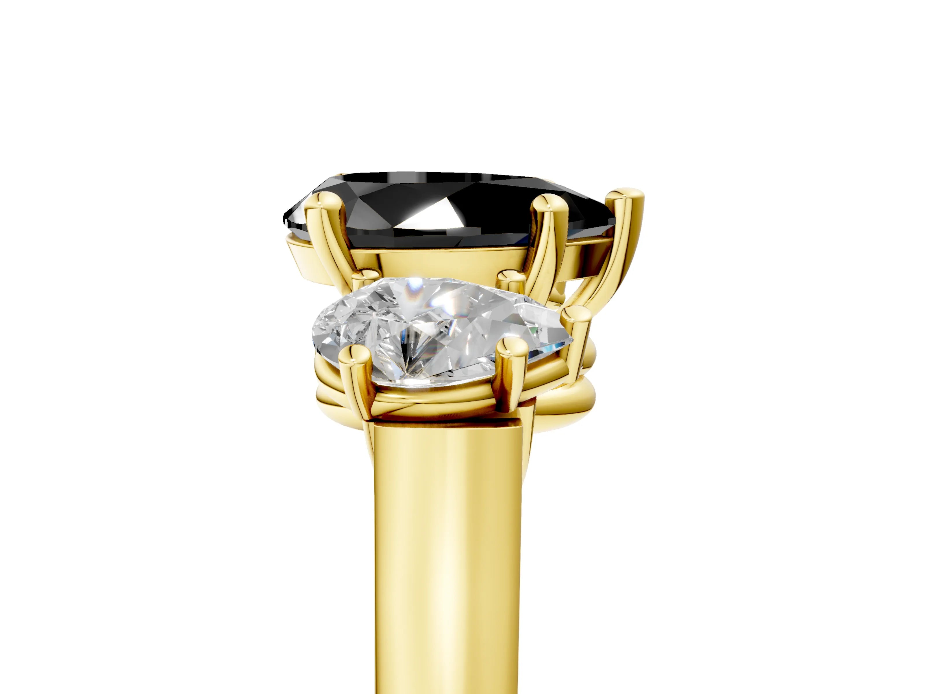 Yellow gold Three-Stone Fancy Black Pear Cut Brilliant Diamond Trellis Ring with Comfort Fit Band_5