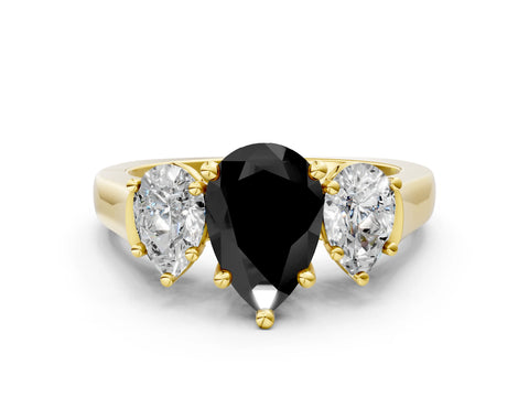 Yellow gold Three-Stone Fancy Black Pear Cut Brilliant Diamond Trellis Ring with Comfort Fit Band