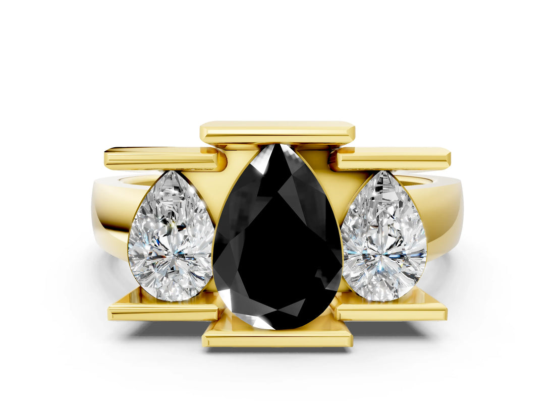 Yellow gold Three Stone Fancy Black Pear Cut Cut Channel Set Diamond Ring
