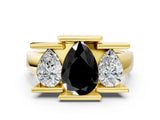 Yellow gold Three Stone Fancy Black Pear Cut Cut Channel Set Diamond Ring