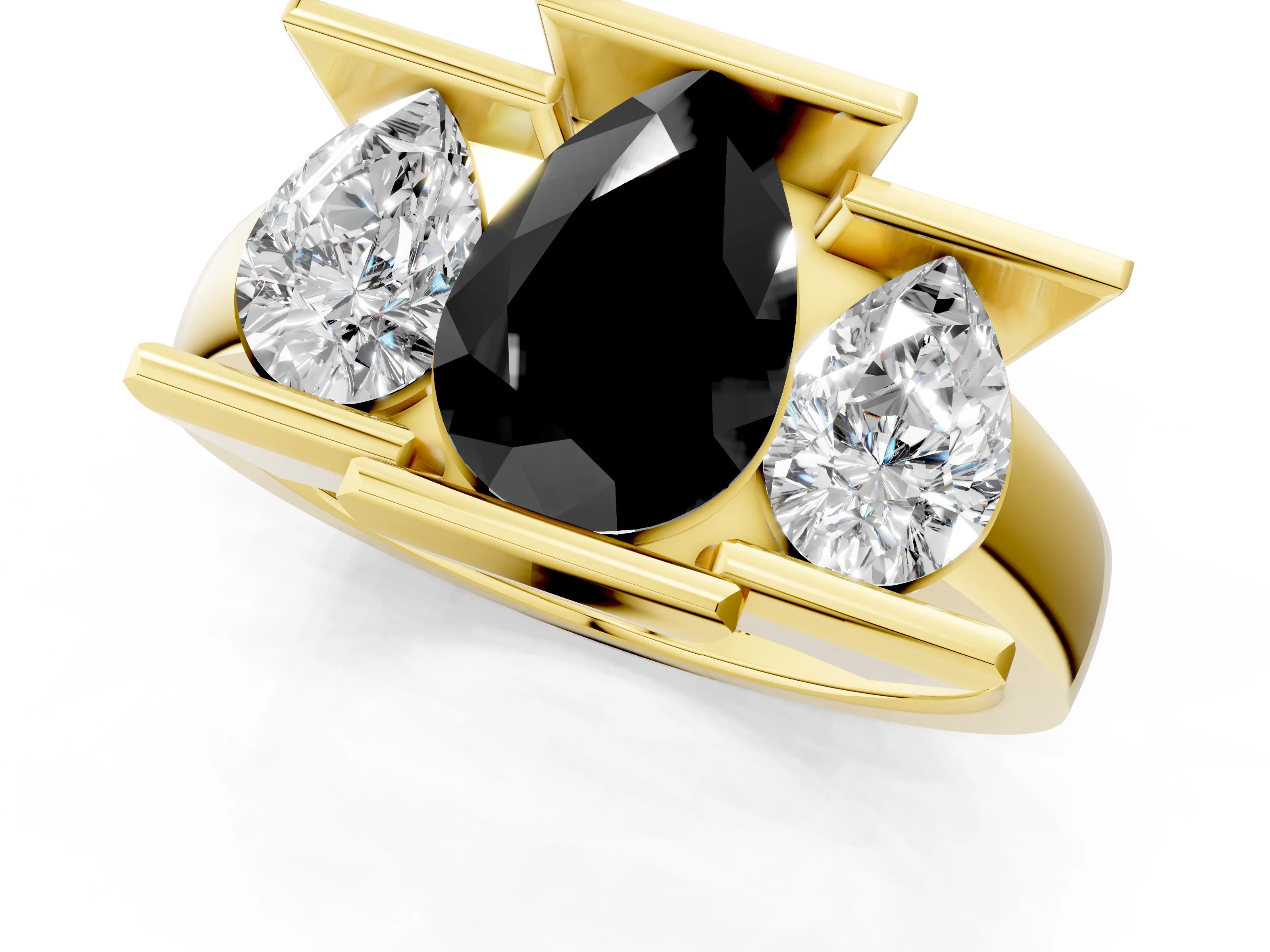 Yellow gold Three Stone Fancy Black Pear Cut Cut Channel Set Diamond Ring_1