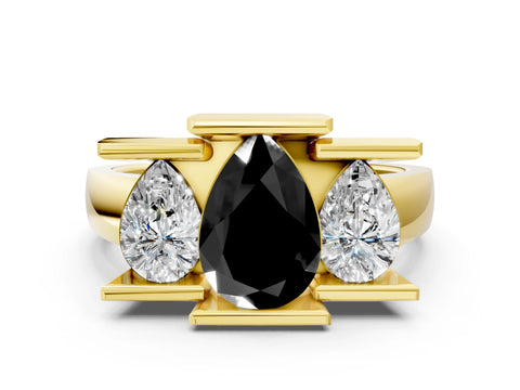 Yellow gold Three Stone Fancy Black Pear Cut Cut Channel Set Diamond Ring
