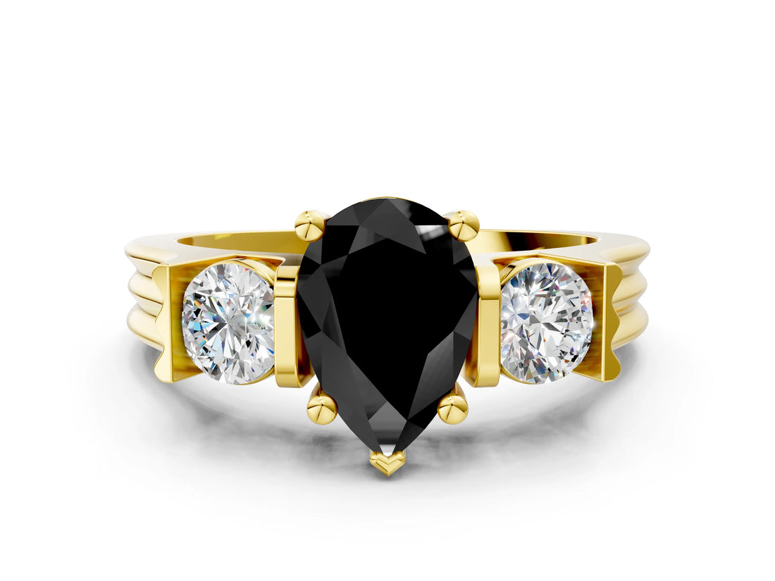 Yellow gold Three-Stone Fancy Black Pear Cut Cut Classic Band Prong Setting Ring