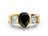 Yellow gold Three-Stone Fancy Black Pear Cut Cut Classic Band Prong Setting Ring