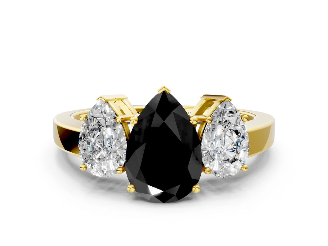 Yellow gold Three-Stone Fancy Black Pear Cut Cut Diamond Engagement Ring with Flat Band and Four-Prong Setting_12