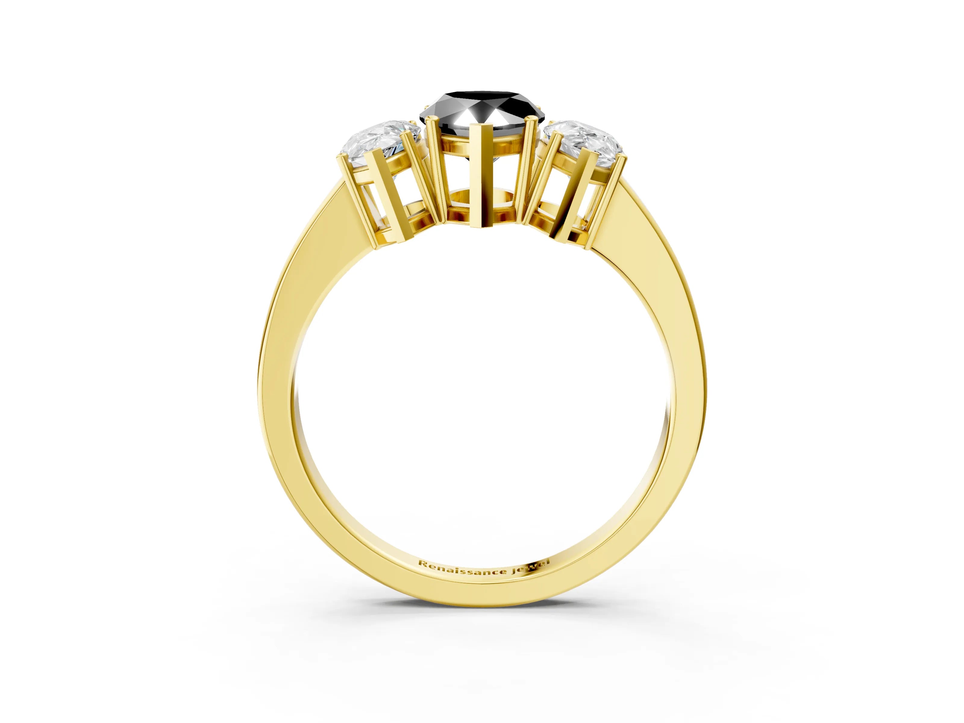 Yellow gold Three-Stone Fancy Black Pear Cut Cut Diamond Engagement Ring with Flat Band and Four-Prong Setting_3