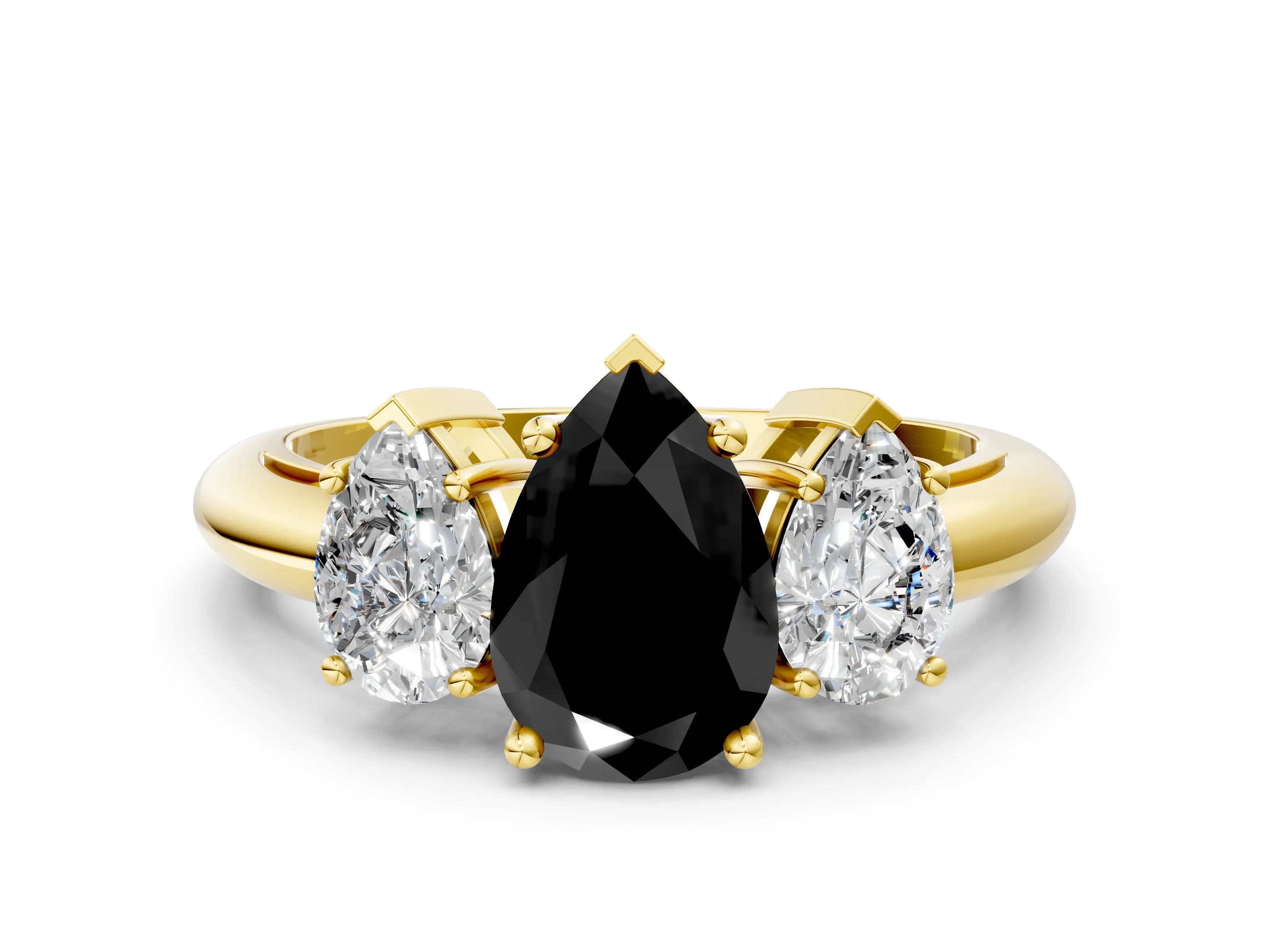 Yellow gold Three-Stone Fancy Black Pear Cut Cut Diamond Engagement Ring with Prong Setting on a White Gold Band
