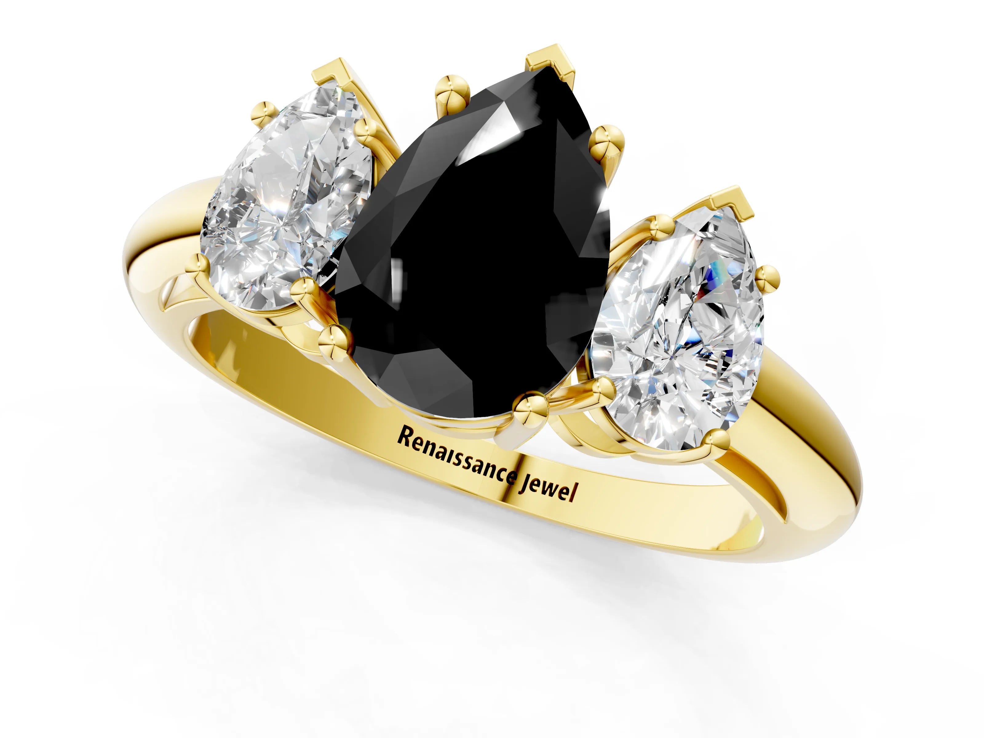 Yellow gold Three-Stone Fancy Black Pear Cut Cut Diamond Engagement Ring with Prong Setting on a White Gold Band_1
