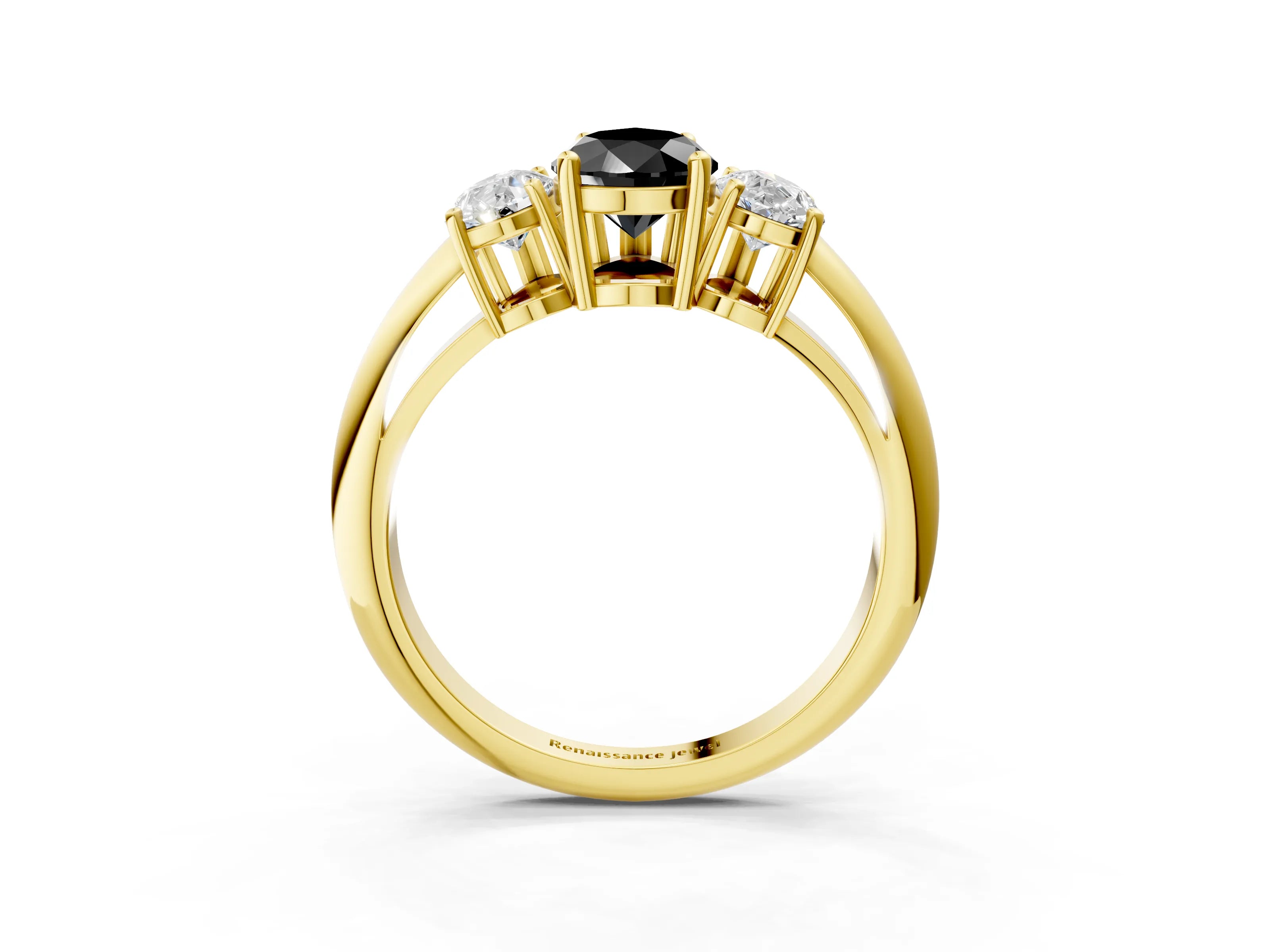 Yellow gold Three-Stone Fancy Black Pear Cut Cut Diamond Engagement Ring with Prong Setting on a White Gold Band_27