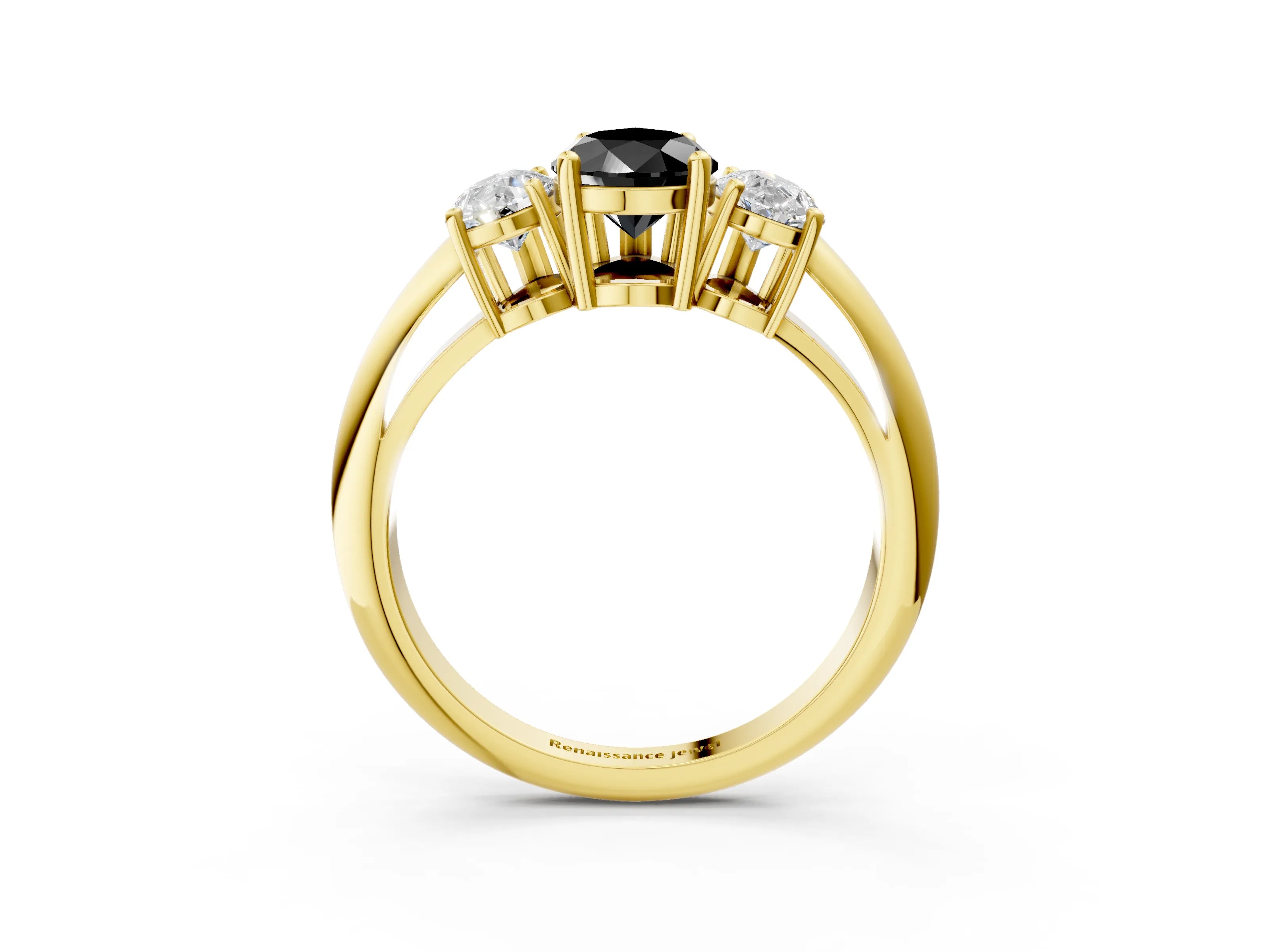 Yellow gold Three-Stone Fancy Black Pear Cut Cut Diamond Engagement Ring with Prong Setting on a White Gold Band_3