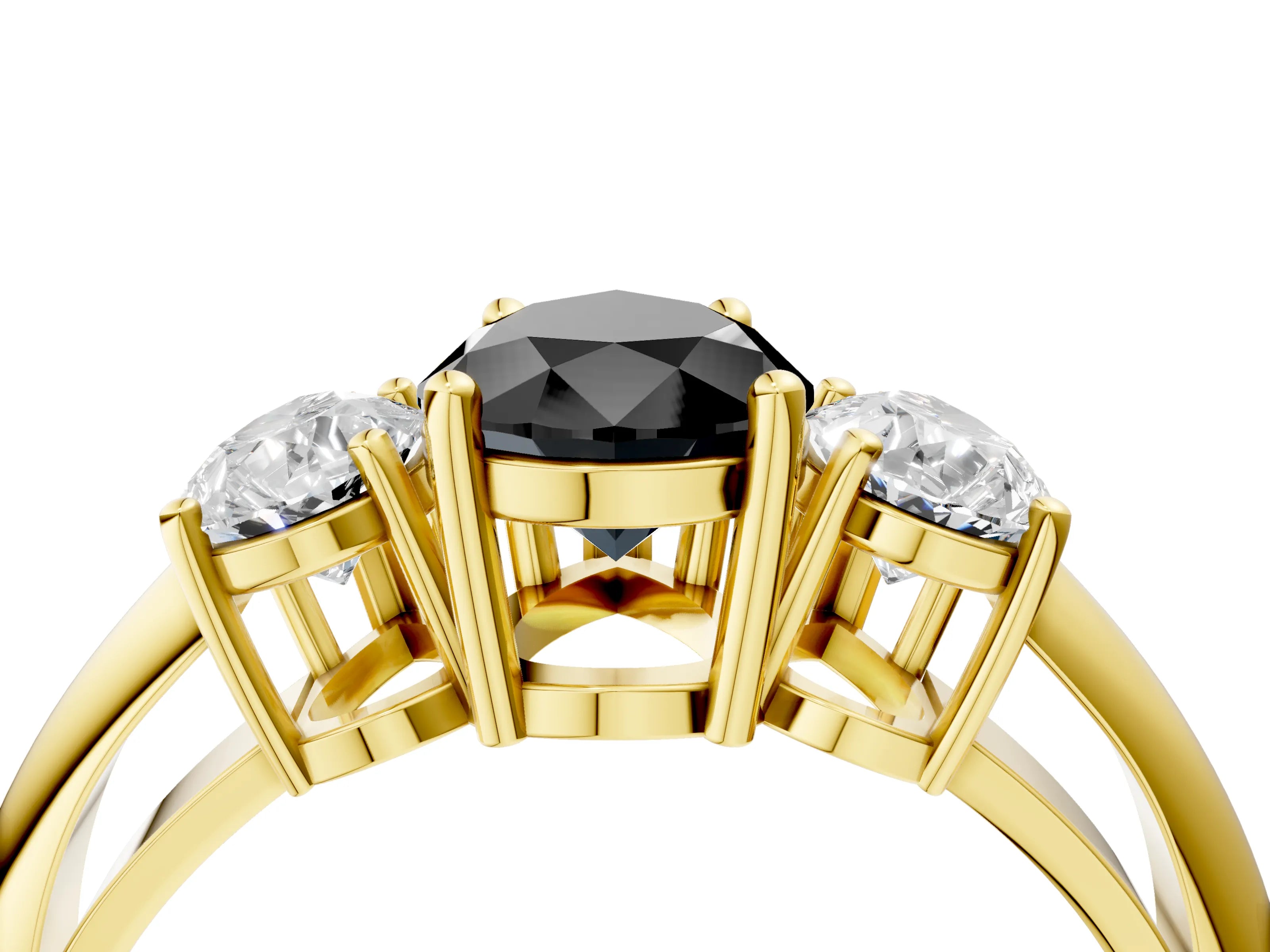 Yellow gold Three-Stone Fancy Black Pear Cut Cut Diamond Engagement Ring with Prong Setting on a White Gold Band_4