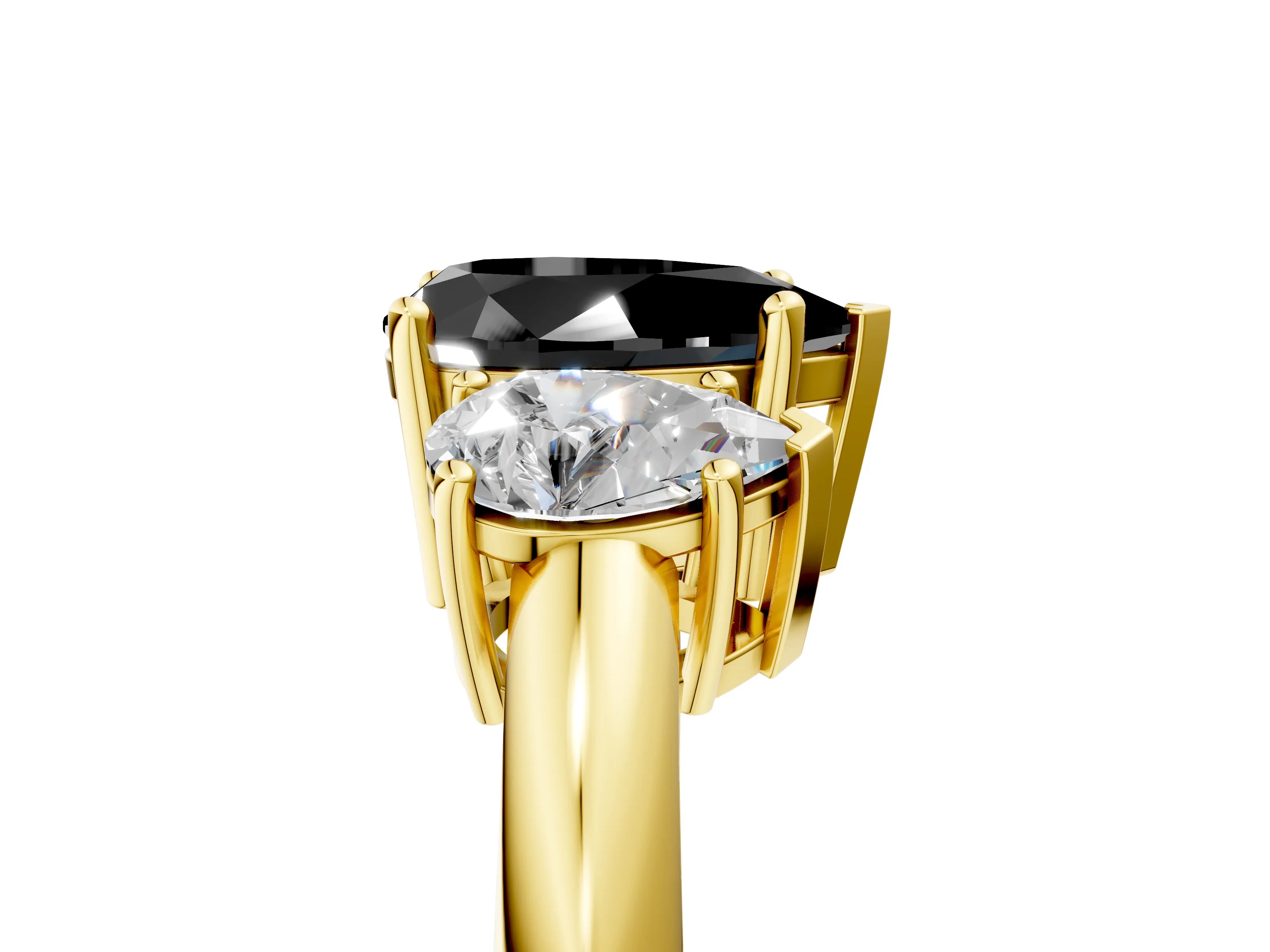 Yellow gold Three-Stone Fancy Black Pear Cut Cut Diamond Engagement Ring with Prong Setting on a White Gold Band_5