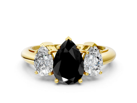Yellow gold Three-Stone Fancy Black Pear Cut Cut Diamond Engagement Ring with Prong Setting on a White Gold Band
