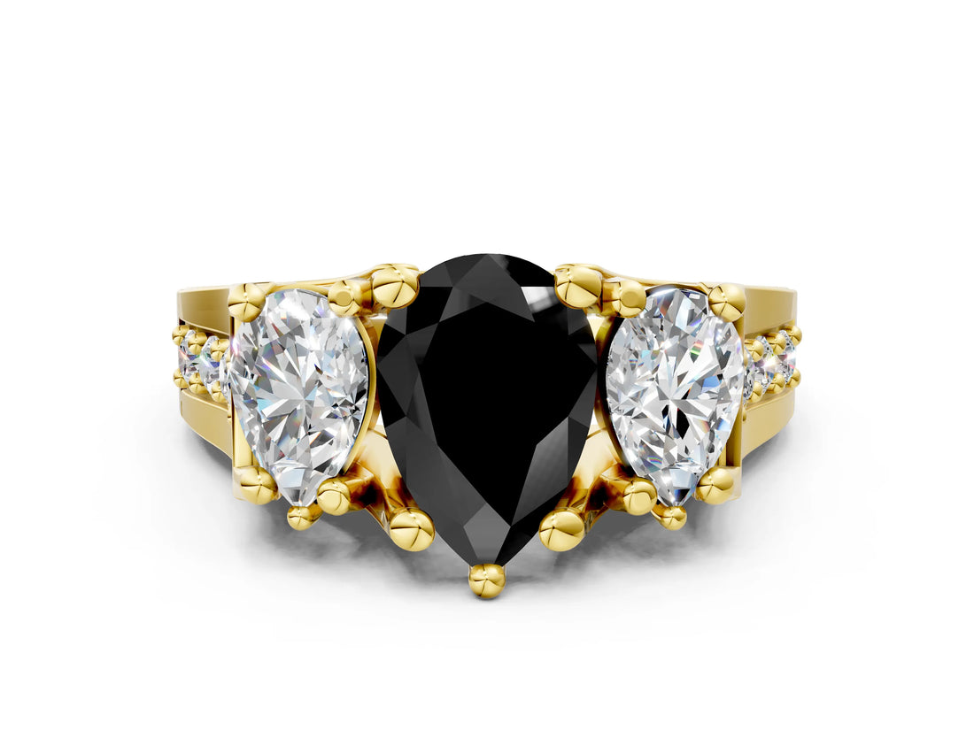 Yellow gold Three-Stone Fancy Black Pear Cut Cut Diamond Ring with Channel-Set Band and Four-Prong Setting_12