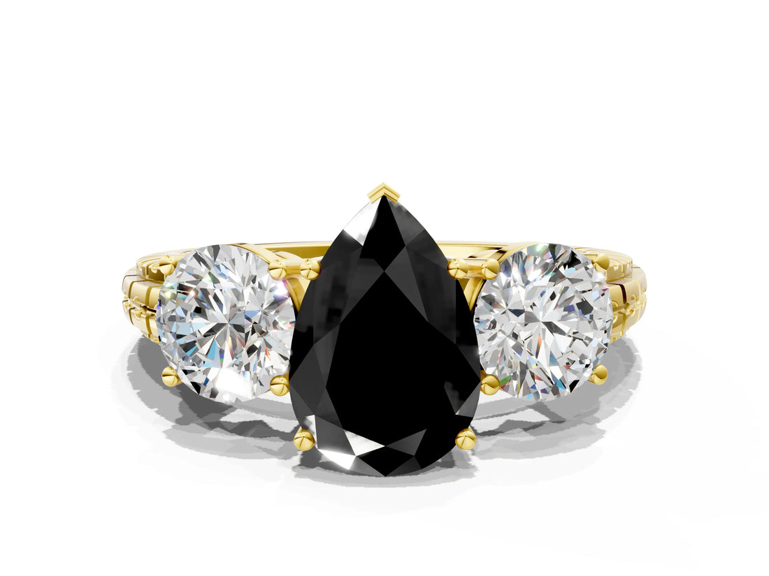 Yellow gold Three-Stone Fancy Black Pear Cut Cut Diamond Ring with Channel-Set Band and Prong Setting