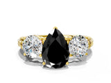 Yellow gold Three-Stone Fancy Black Pear Cut Cut Diamond Ring with Channel-Set Band and Prong Setting
