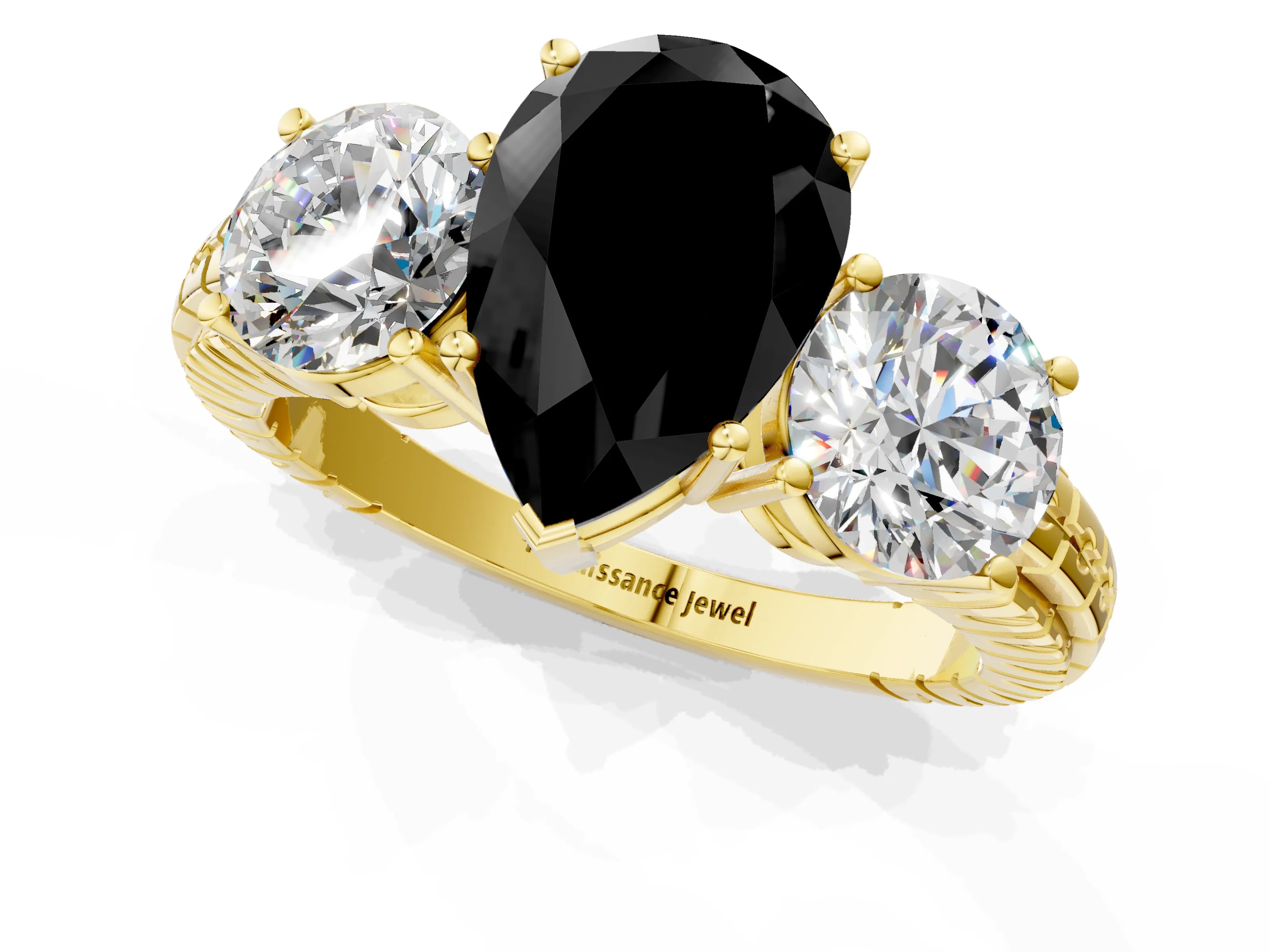 Yellow gold Three-Stone Fancy Black Pear Cut Cut Diamond Ring with Channel-Set Band and Prong Setting_1